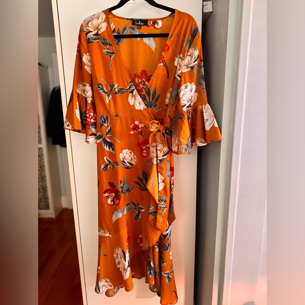 Burnt Orange Floral Wrap Dress